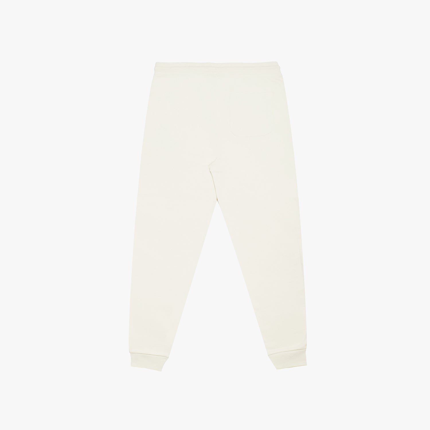 Flat-lay back view of cream-colored jogger pants, showcasing a clean and minimalist design.