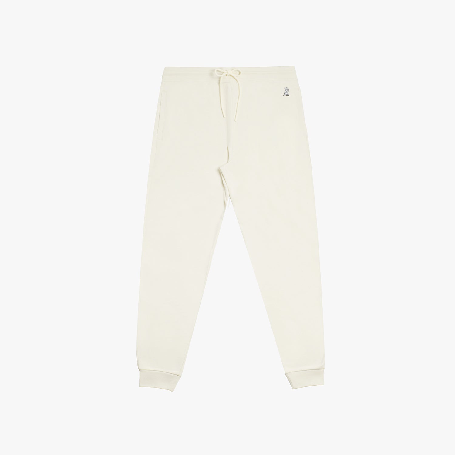 Flat-lay front view of cream-colored jogger pants with cuffed ankles and a drawstring waistband