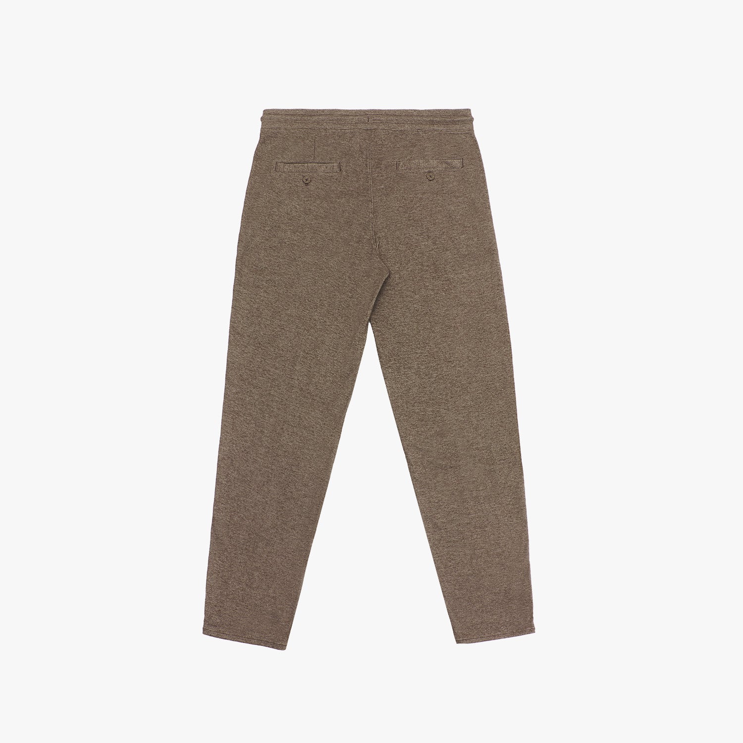 A pair of brown casual pants with a tapered fit and an elastic waistband.