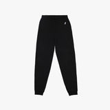 Black jogger pants with a drawstring waistband and an embroidered dog logo on the left side