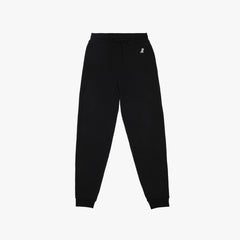 Black jogger pants with a drawstring waistband and an embroidered dog logo on the left side