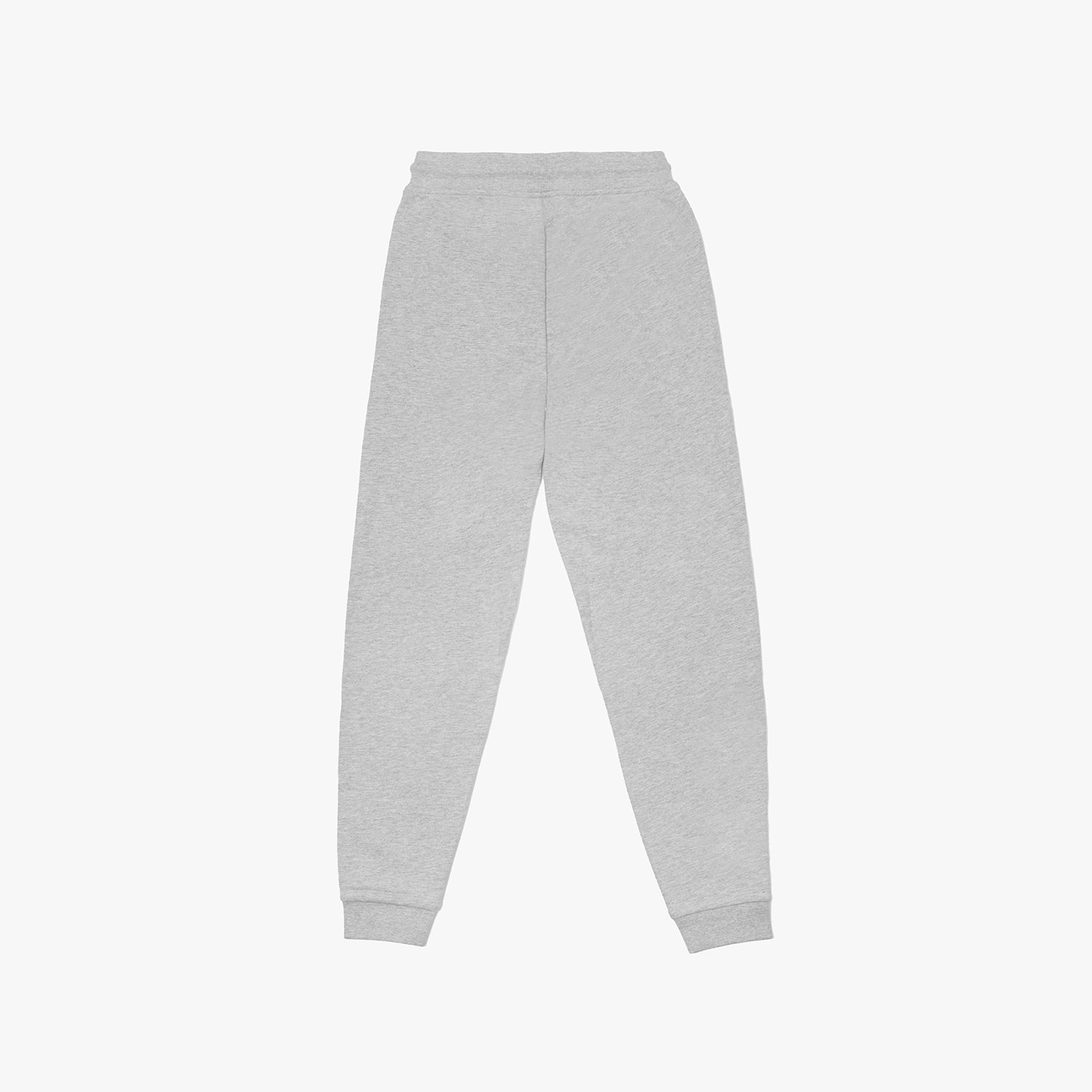 Light gray jogger pants with ribbed cuffs and a minimalistic back design. Full rear view