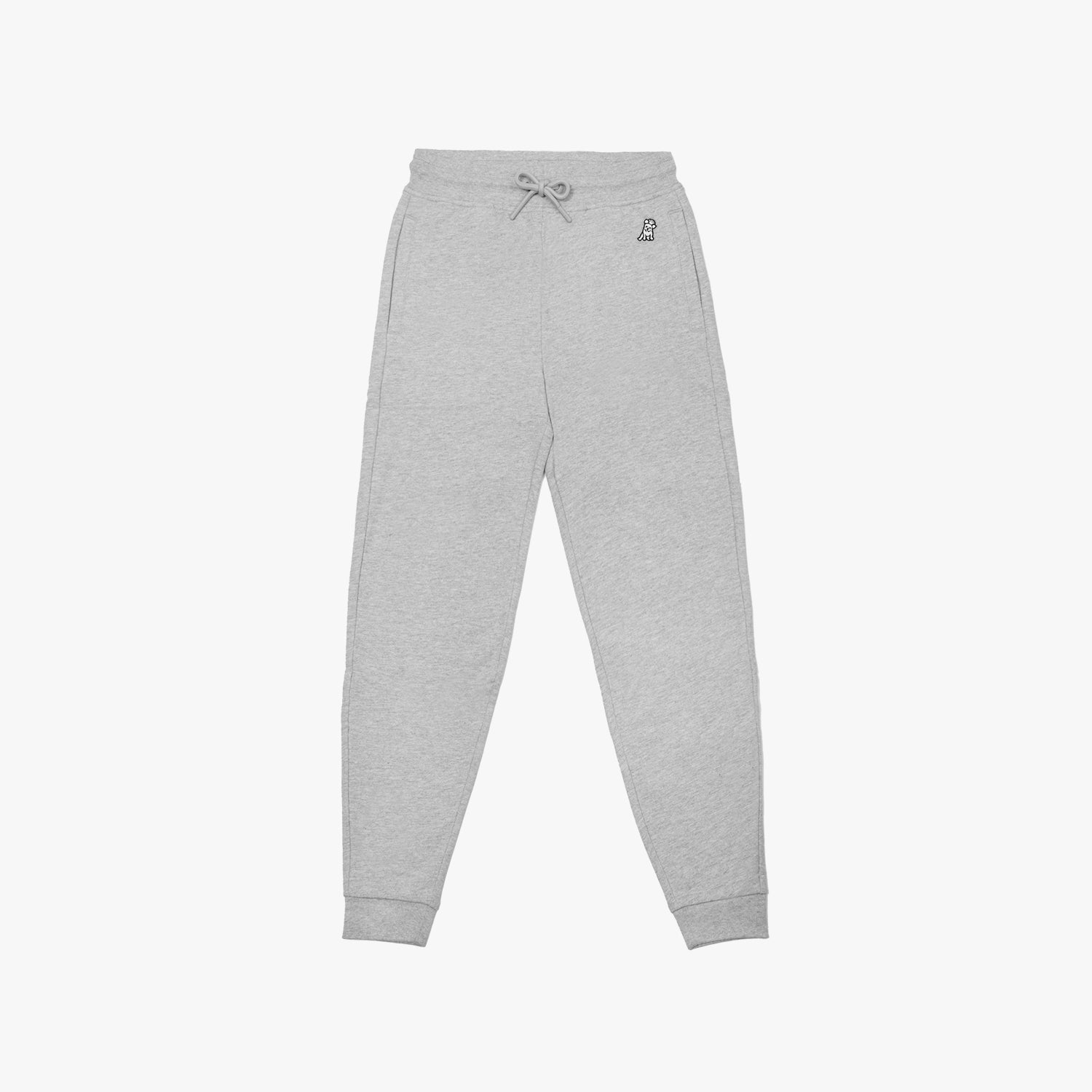 Light gray jogger pants featuring an adjustable drawstring waistband, ribbed cuffs, and an embroidered dog logo on the left front side. Full front view