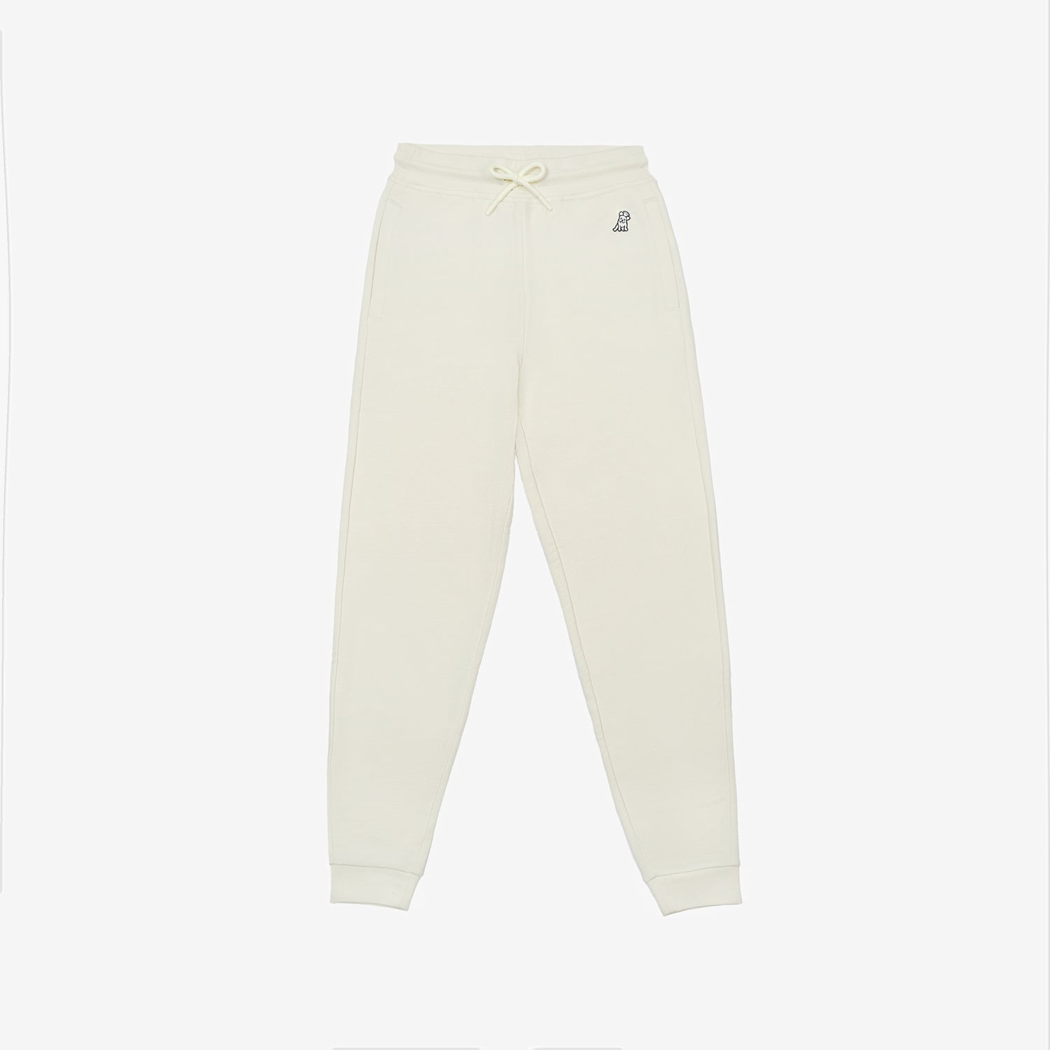 Cream-colored jogger pants with a drawstring waistband and an embroidered dog logo on the left side