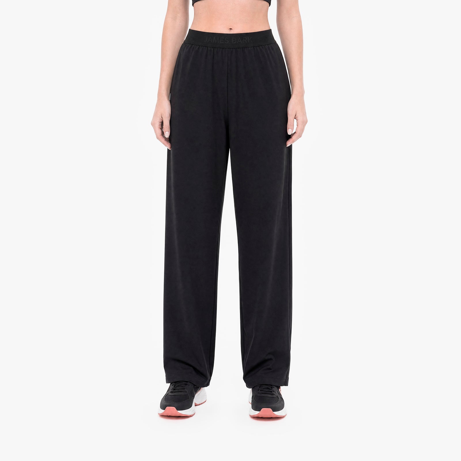 Person wearing black wide-leg pants on a white background