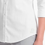 Close-up of a white shirt with a logo on a white background