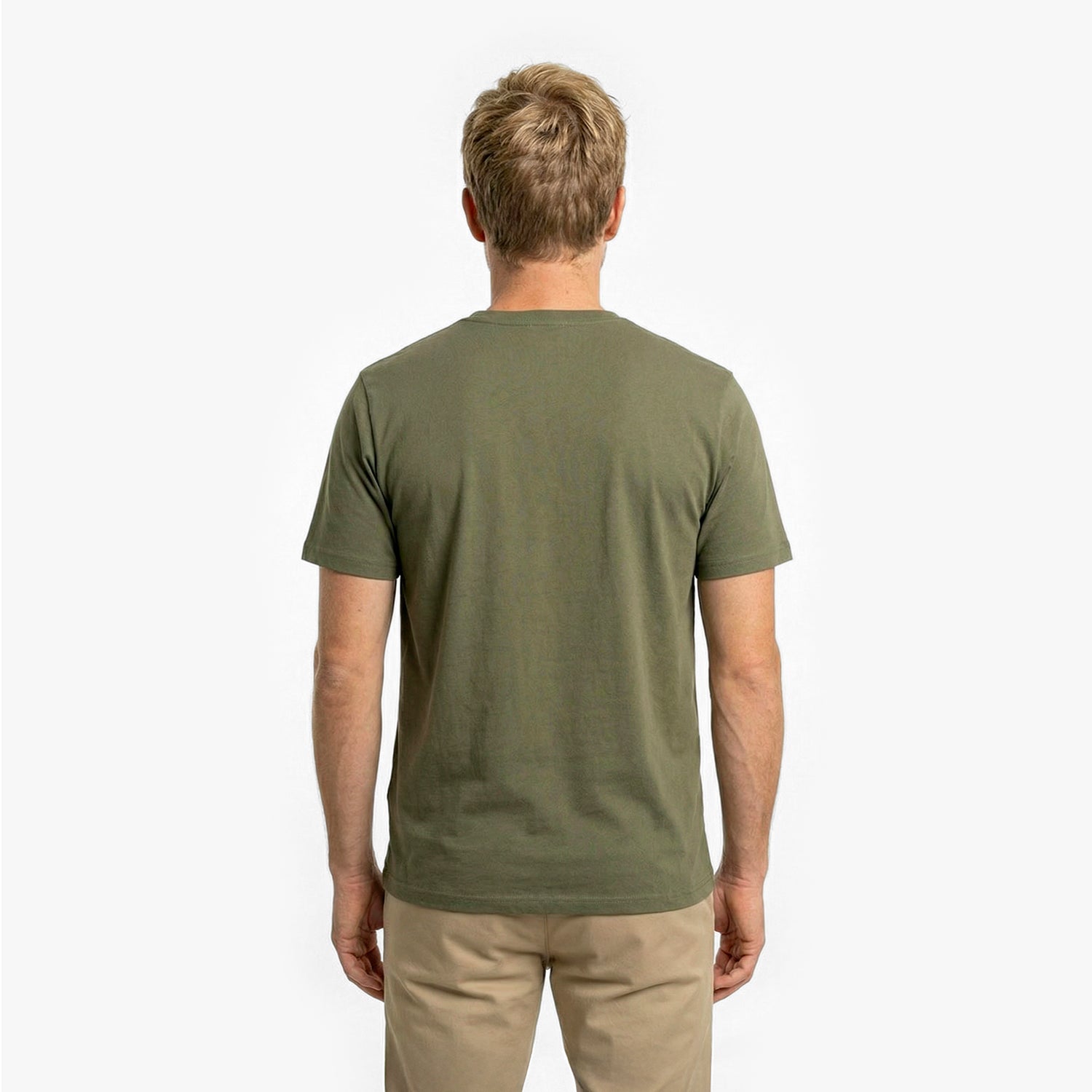 Back view of a man wearing a green t-shirt on a white background