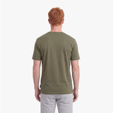 Back view of a man wearing a green t-shirt on a white background