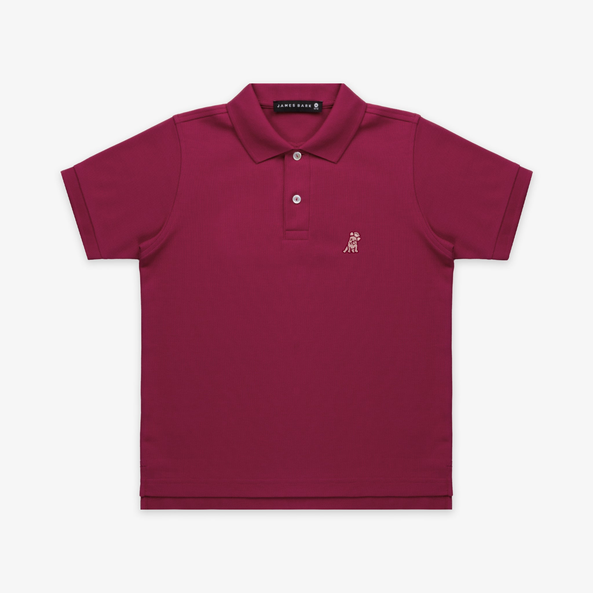 Flat lay of a burgundy polo shirt with a buttoned collar and a small embroidered logo on the chest.