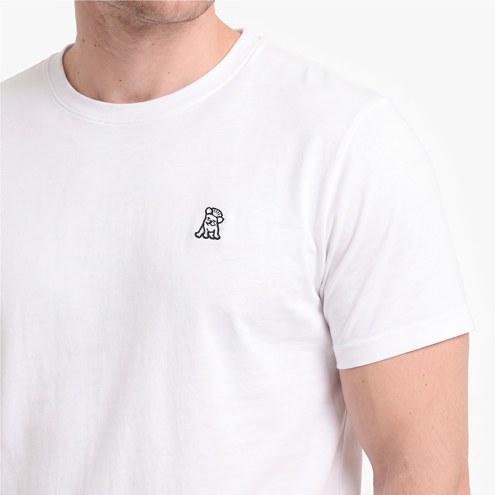 A close-up of a person wearing a white short-sleeve crewneck t-shirt