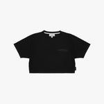 A black cropped T-shirt with 'JAMES BARK' printed in dark gray on the left chest, displayed flat
