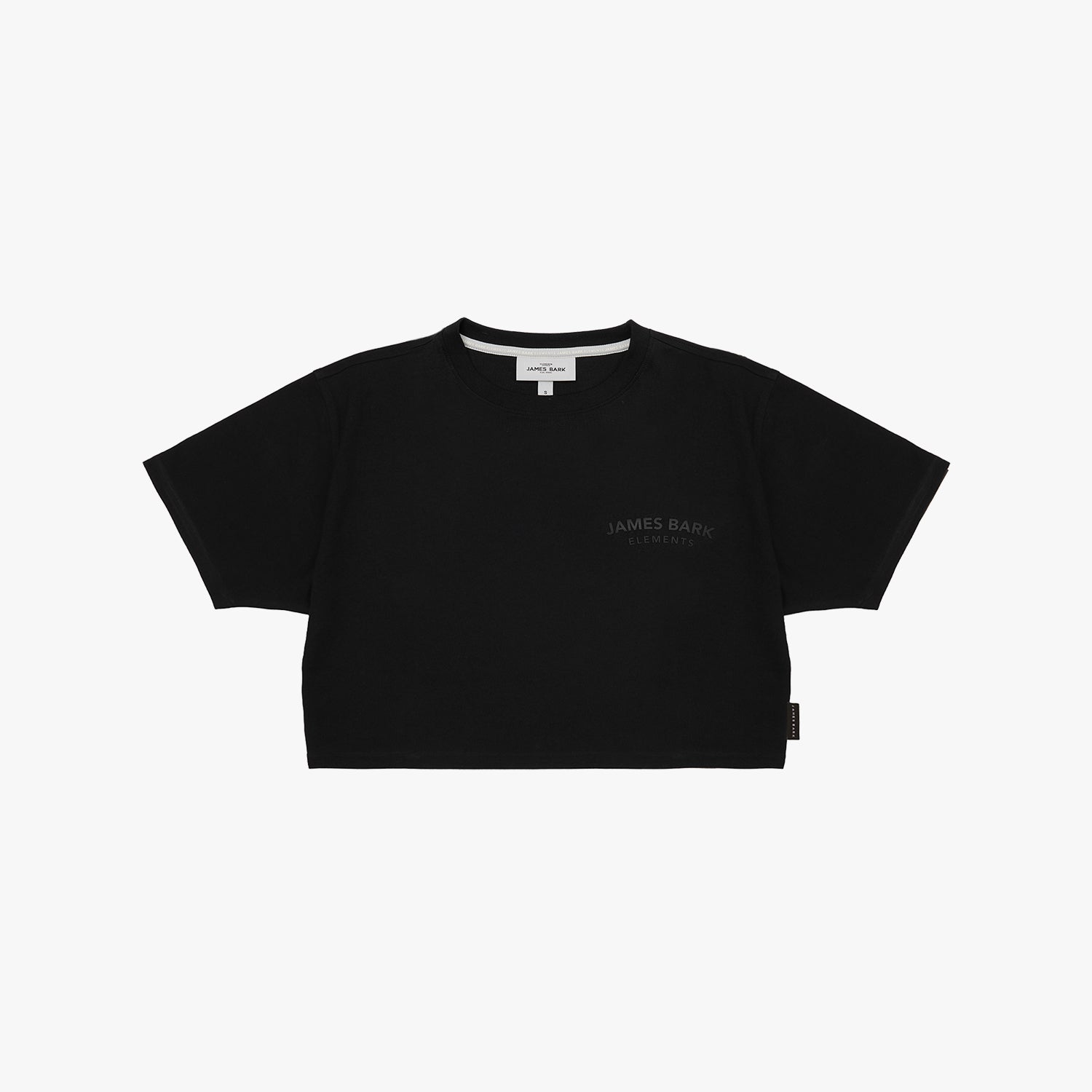 A black cropped T-shirt with 'JAMES BARK' printed in dark gray on the left chest, displayed flat
