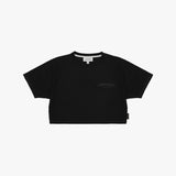 A black cropped T-shirt with 'JAMES BARK' printed in dark gray on the left chest, displayed flat