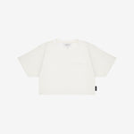 A white crop top t-shirt with a small tonal logo on the left chest and a small black brand tag on the lower hem