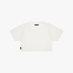 A plain white short-sleeve crop top t-shirt shown from the back on a light gray background.