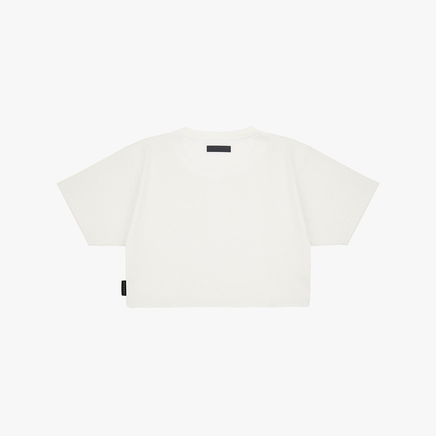 A plain white short-sleeve crop top t-shirt shown from the back on a light gray background.