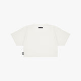A plain white short-sleeve crop top t-shirt shown from the back on a light gray background.