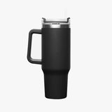 A sleek black insulated travel mug with a sturdy handle, a stainless steel rim, and a clear lid featuring a built-in straw.