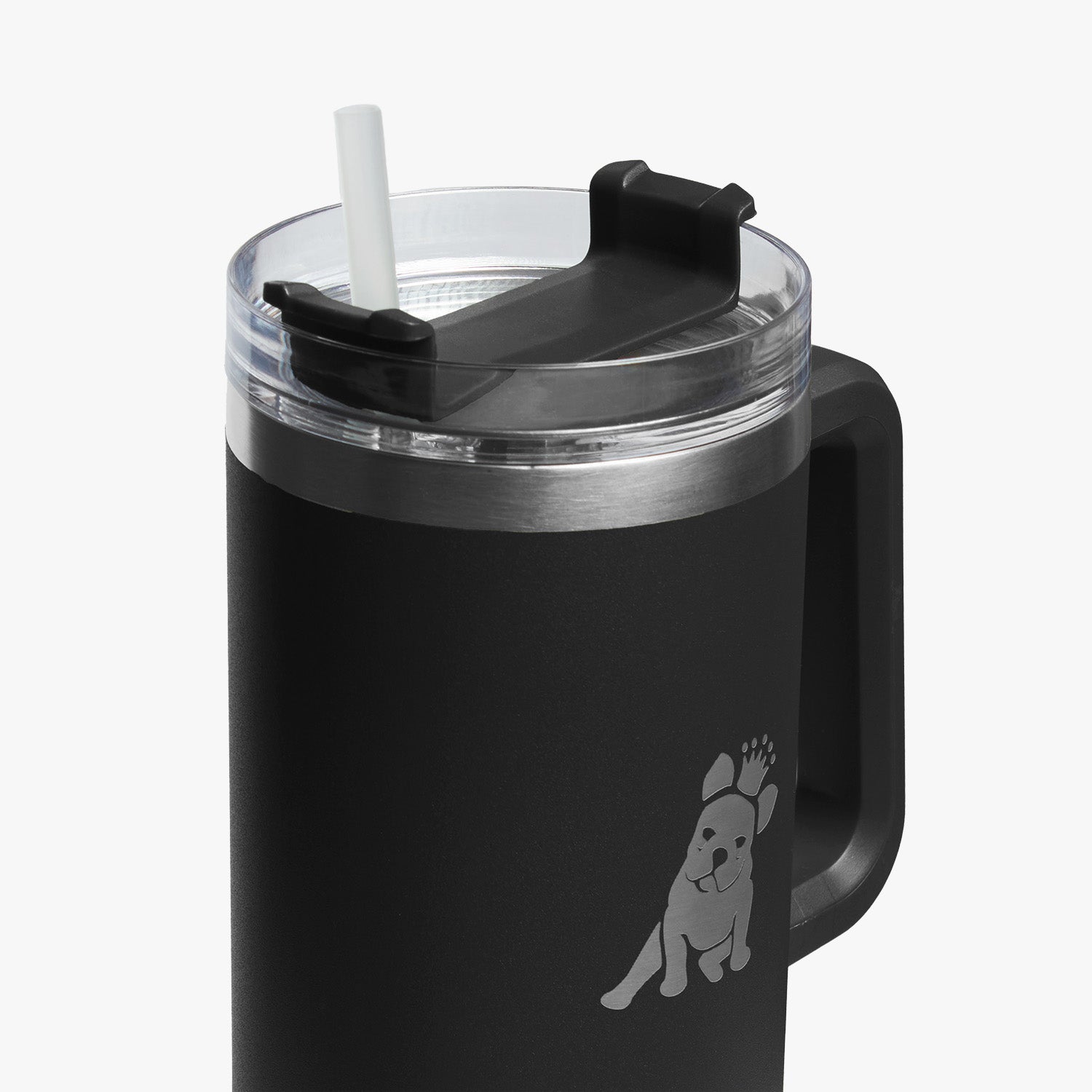 Close-up view of the black insulated mug's transparent lid, showcasing the built-in straw and spill-resistant design.