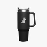 A black insulated travel mug with a handle, featuring a silver printed dog logo and a stainless steel rim.