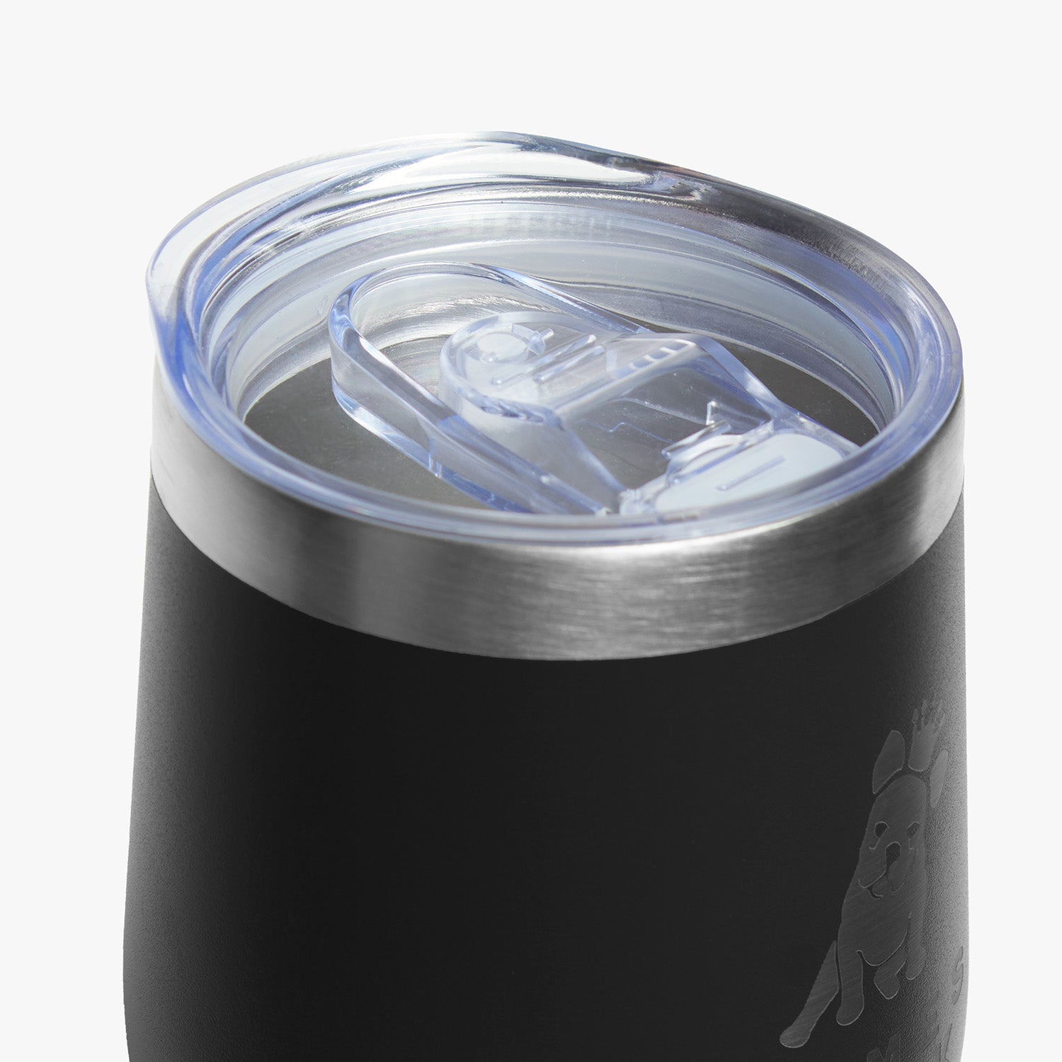 Close-up view of the tumbler's transparent lid, showing its spill-resistant design and stainless steel rim."