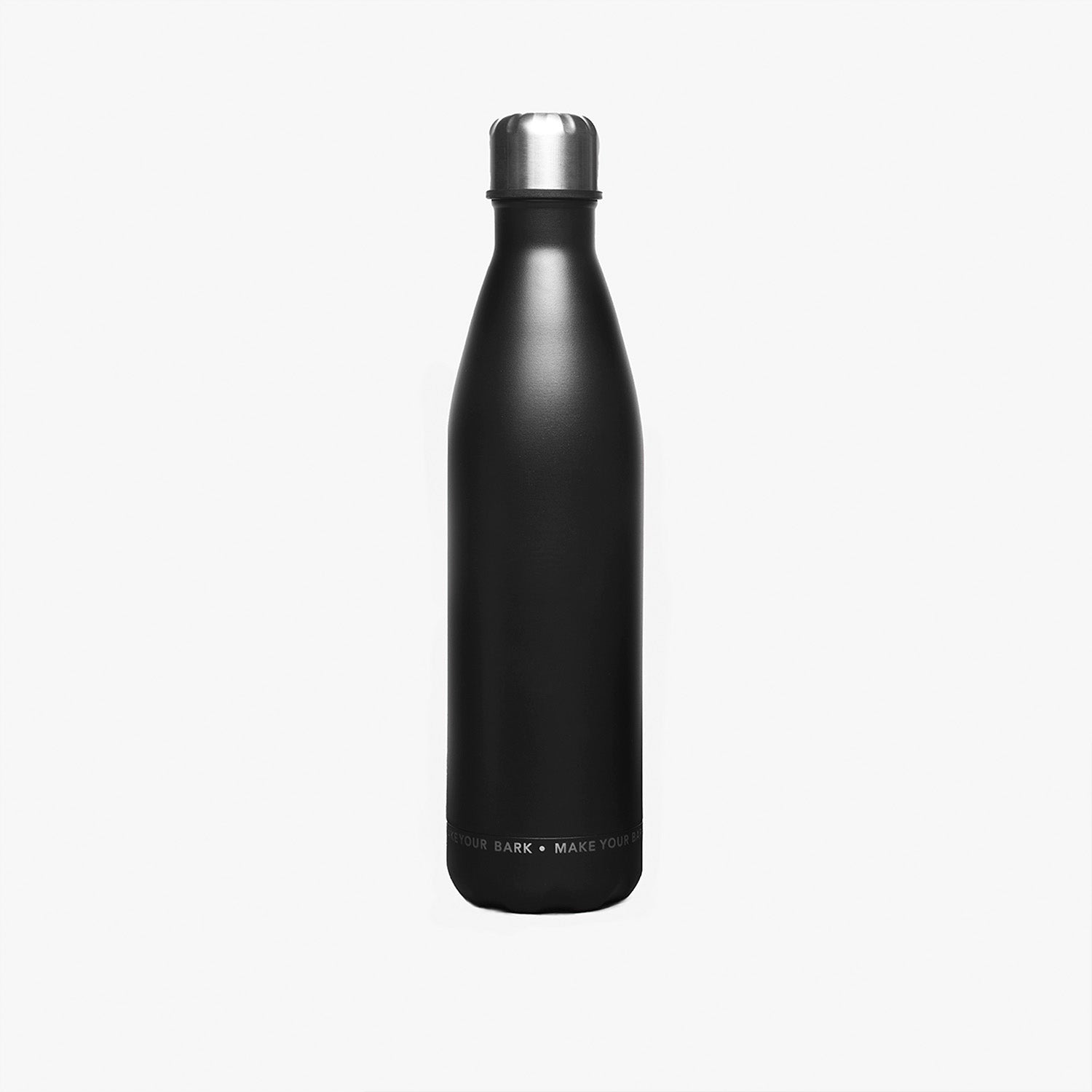 A sleek black stainless steel water bottle with a metallic silver cap, shown on a plain background.