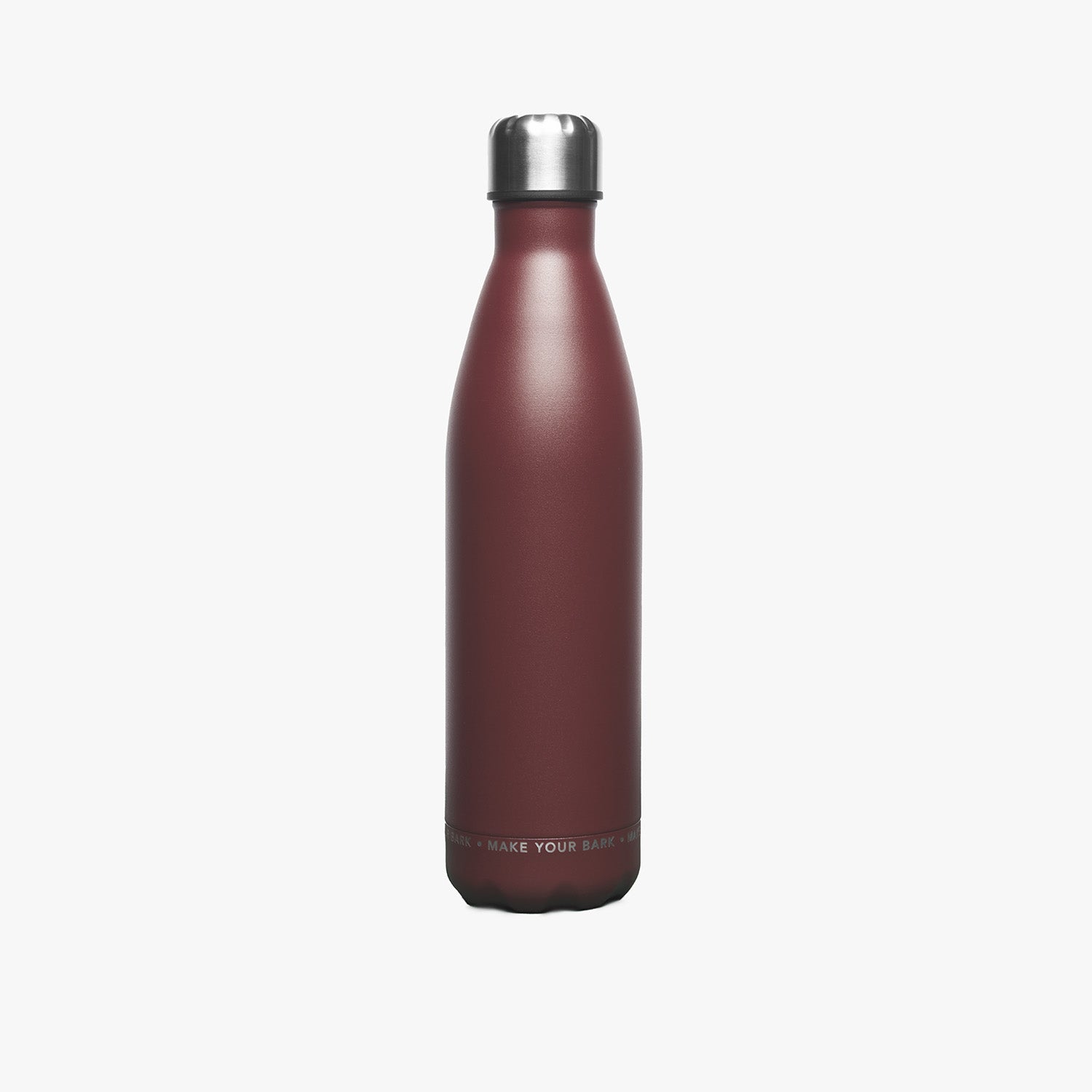 Side view of the maroon stainless steel water bottle, highlighting its sleek and minimalist design.