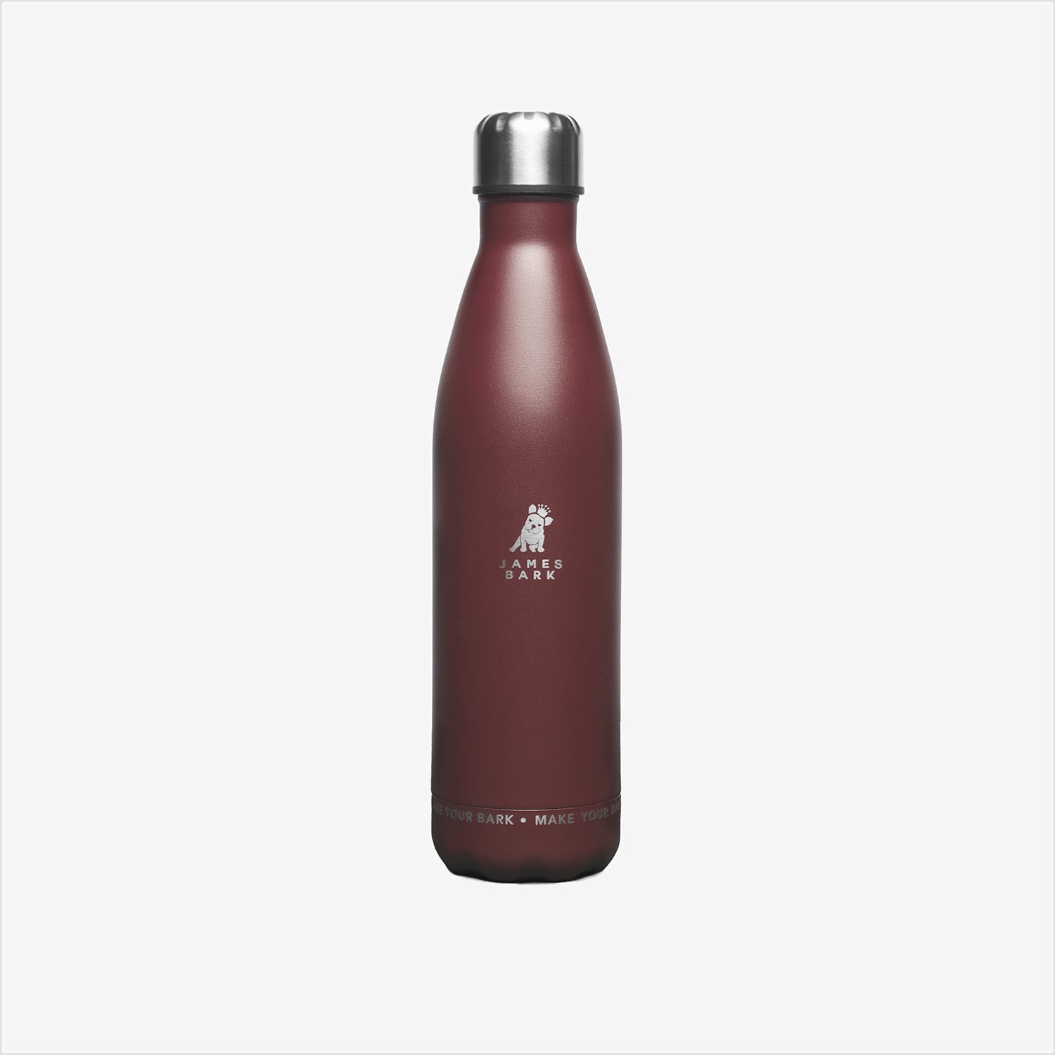 A stylish maroon stainless steel water bottle with a metallic silver cap, featuring a white logo printed near the top.