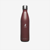 A stylish maroon stainless steel water bottle with a metallic silver cap, featuring a white logo printed near the top.