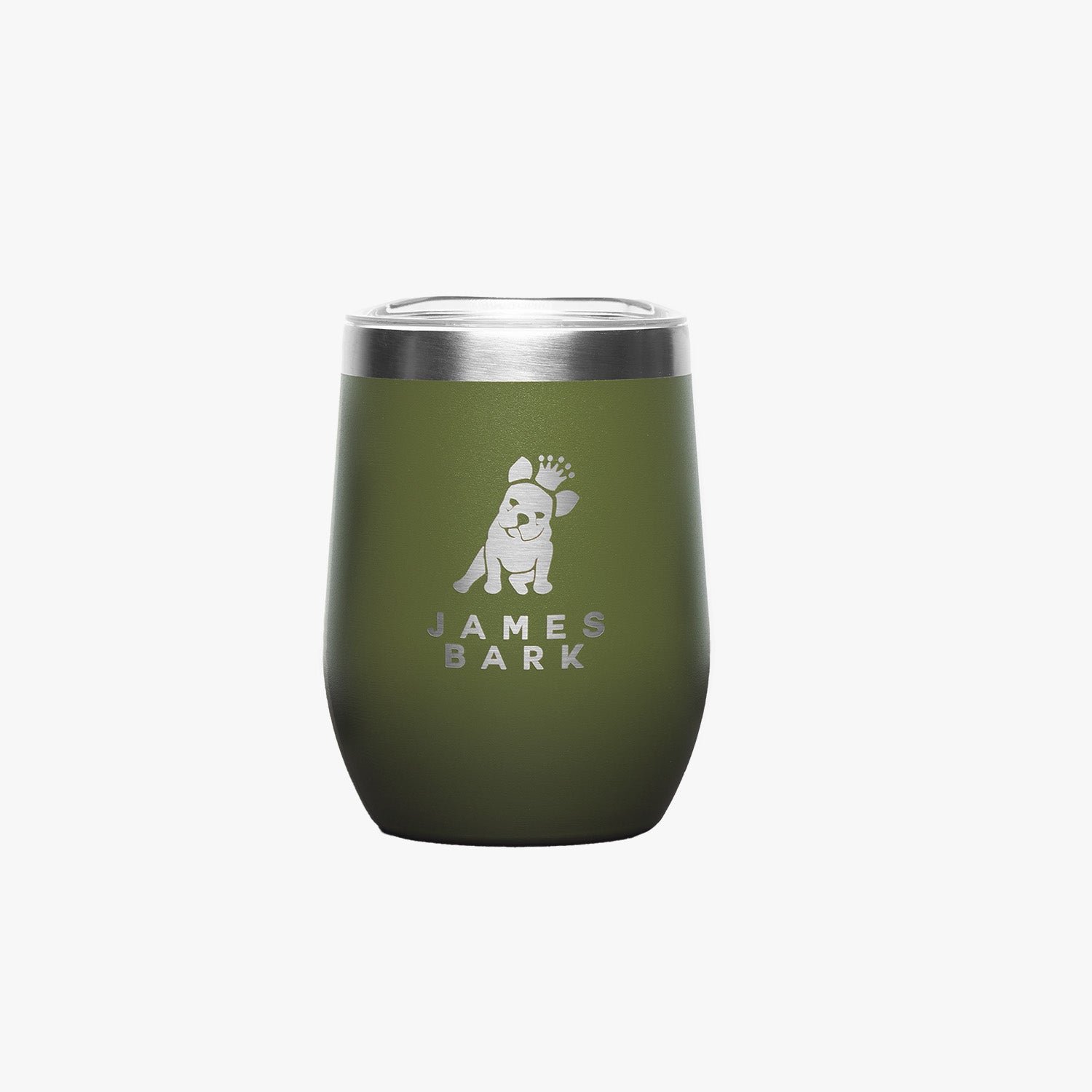 A sleek olive-green insulated tumbler with a stainless steel rim, displaying the text 'MAKE YOUR MARK' in white along the side.