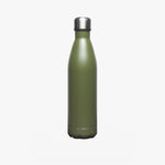 Side view of the olive-green stainless steel water bottle, emphasizing its sleek and minimalist design.