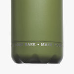 Close-up view of the bottom part of the olive-green water bottle, showcasing the text 'MAKE YOUR MARK' printed in white.