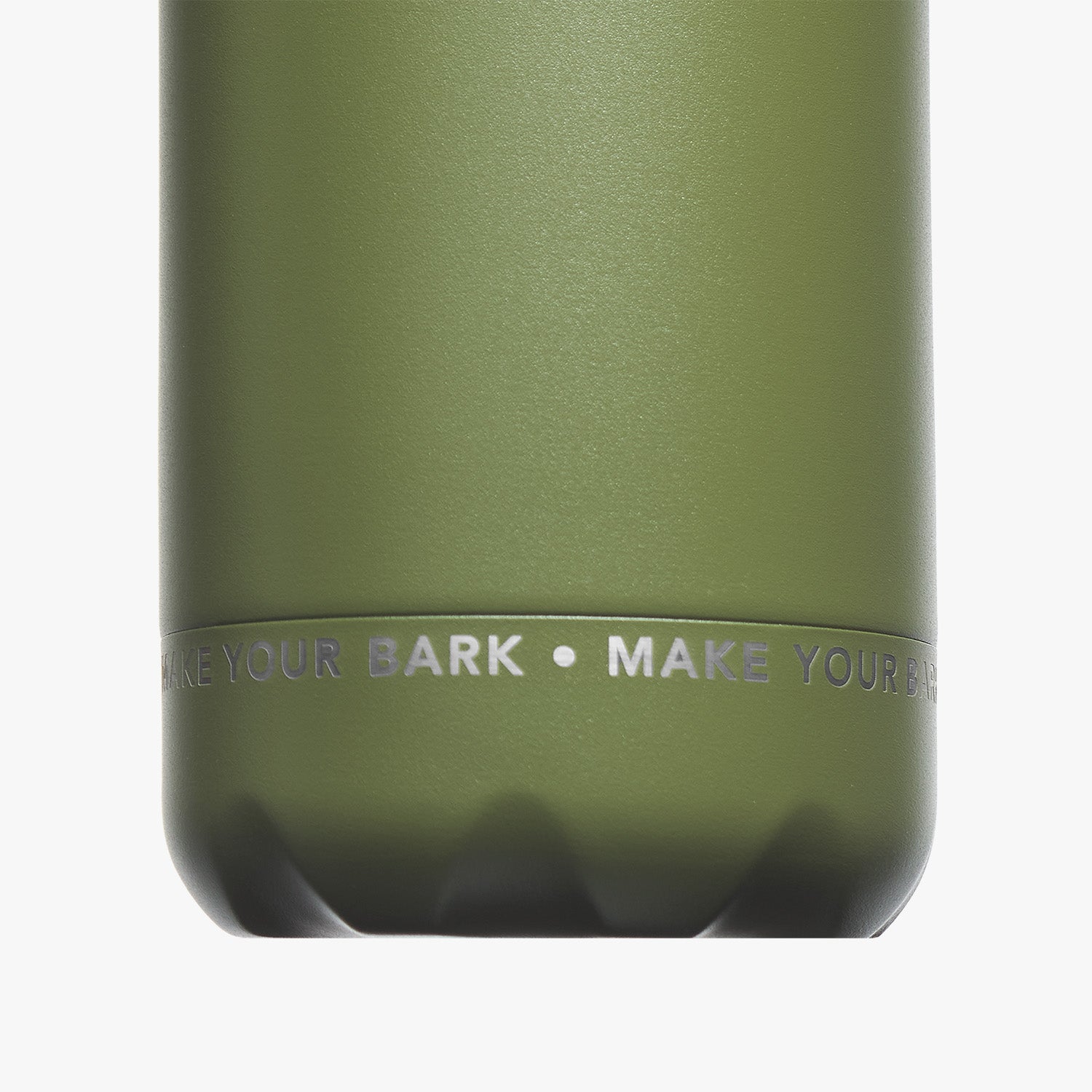 Close-up view of the bottom part of the olive-green water bottle, showcasing the text 'MAKE YOUR MARK' printed in white.