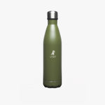 An elegant olive-green stainless steel water bottle with a metallic silver cap, featuring a white logo printed near the top.