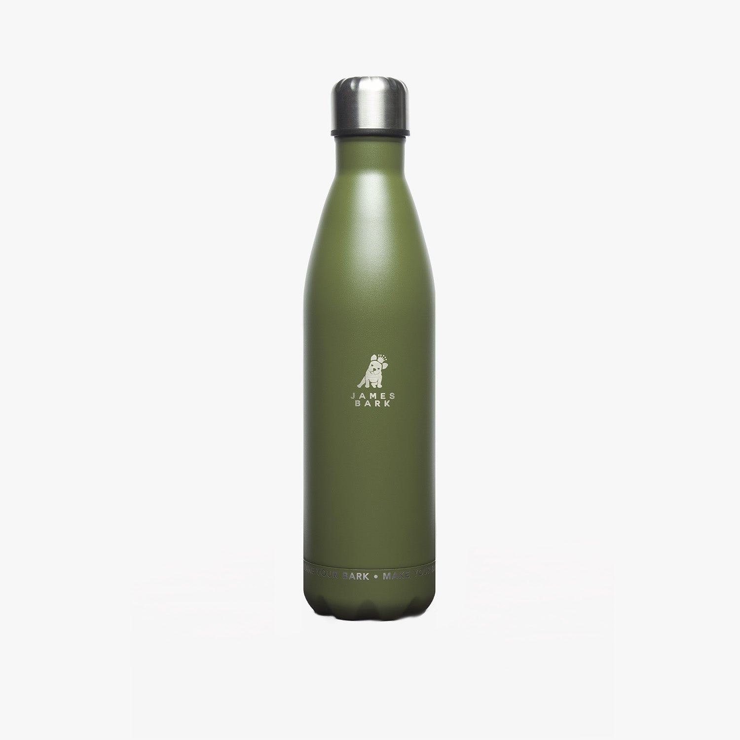 An elegant olive-green stainless steel water bottle with a metallic silver cap, featuring a white logo printed near the top.