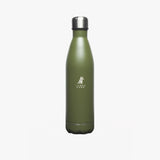 An elegant olive-green stainless steel water bottle with a metallic silver cap, featuring a white logo printed near the top.