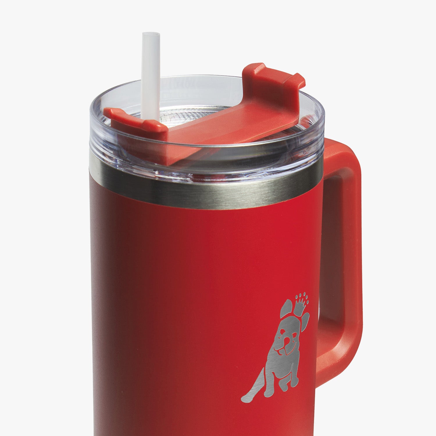 Close-up of the red mug's transparent lid, highlighting the built-in straw and spill-resistant stainless steel rim.