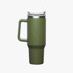 Side view of the olive-green insulated travel mug with a handle, highlighting its slim and ergonomic design.