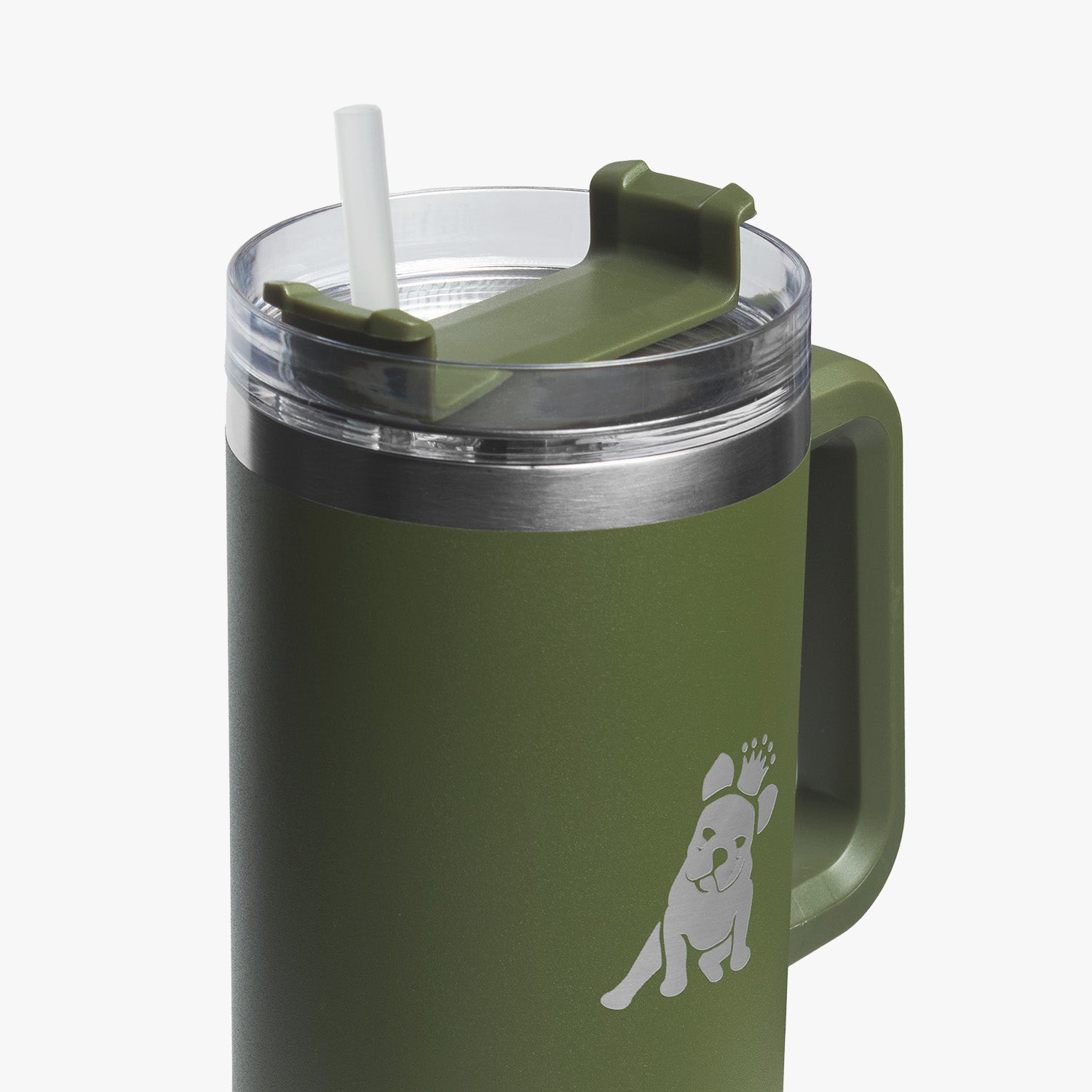 Close-up of the olive-green mug's transparent lid, showcasing the built-in straw and spill-resistant stainless steel rim.