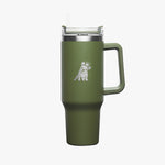 An olive-green insulated travel mug with a sturdy handle, a silver dog logo printed on the front, and a stainless steel rim with a clear lid featuring a built-in straw.