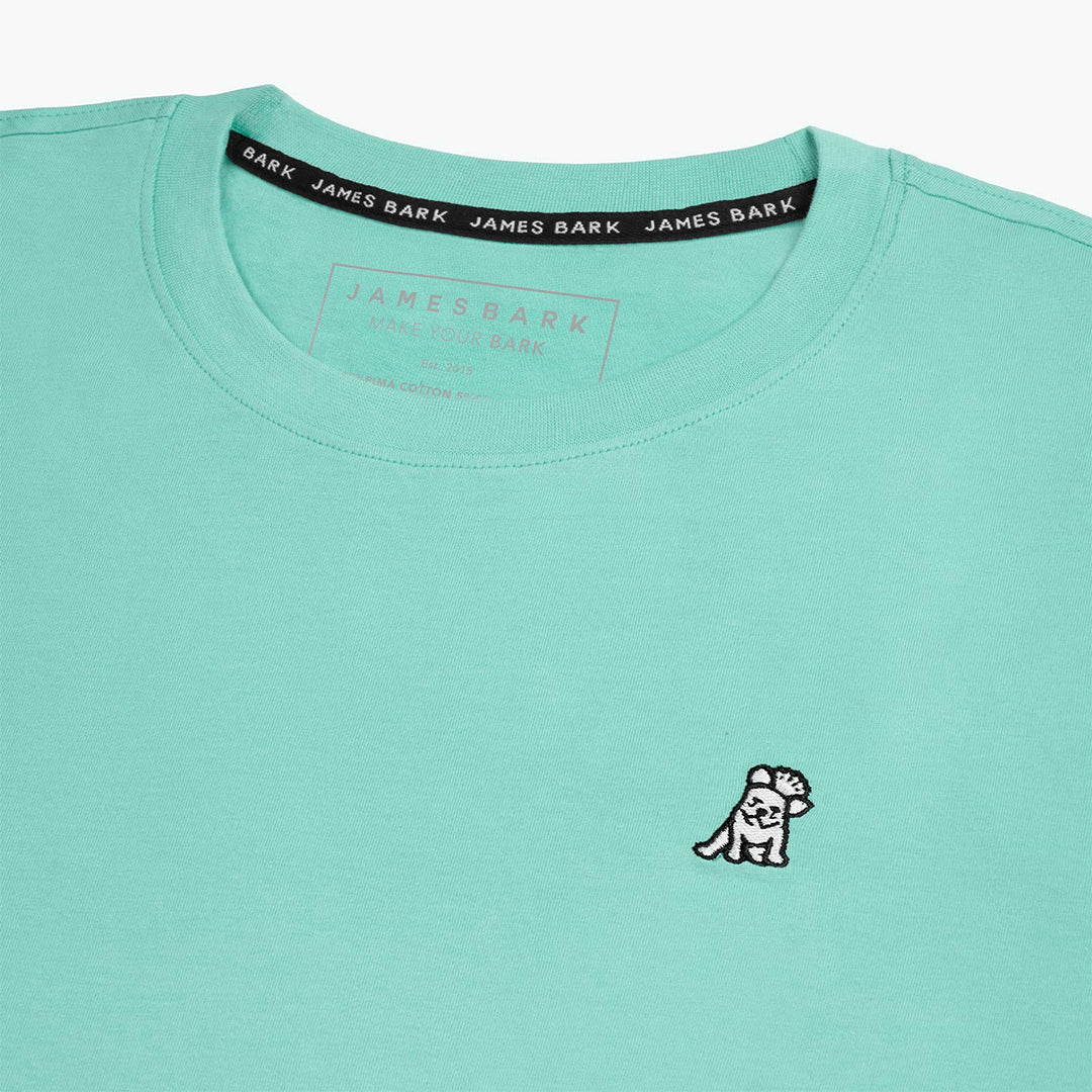 Close-up of the collar and inner label of the mint green t-shirt, showing the brand information and neck design.