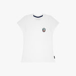 A white T-shirt, featuring a small circular multicolor graphic on the left chest and a dark navy inner collar trim