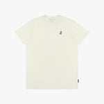 Beige t-shirt with a small logo on a white background