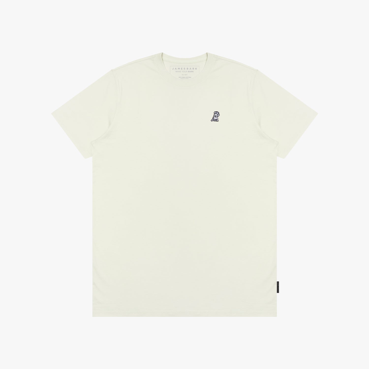Beige t-shirt with a small logo on a white background