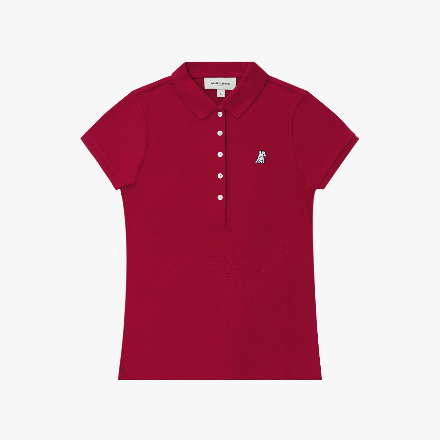 Red polo shirt with a small logo on a white background