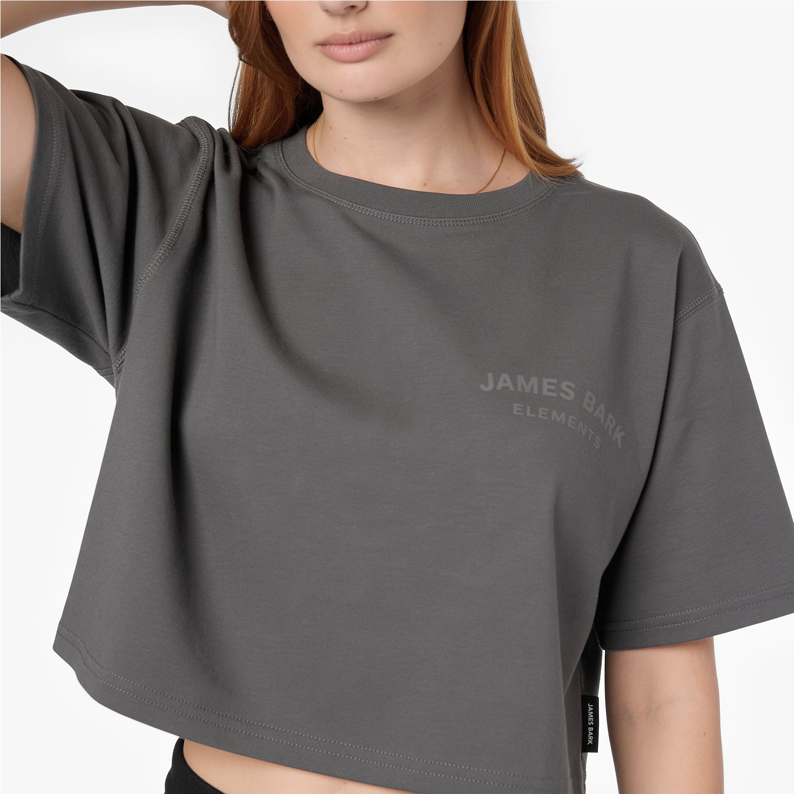 Close-up of the 'James Bark Elements' logo printed on a grey cotton cropped t-shirt.