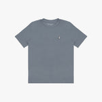 A slate blue-gray short-sleeve crewneck t-shirt with a small white embroidered dog logo on the left chest, displayed flat