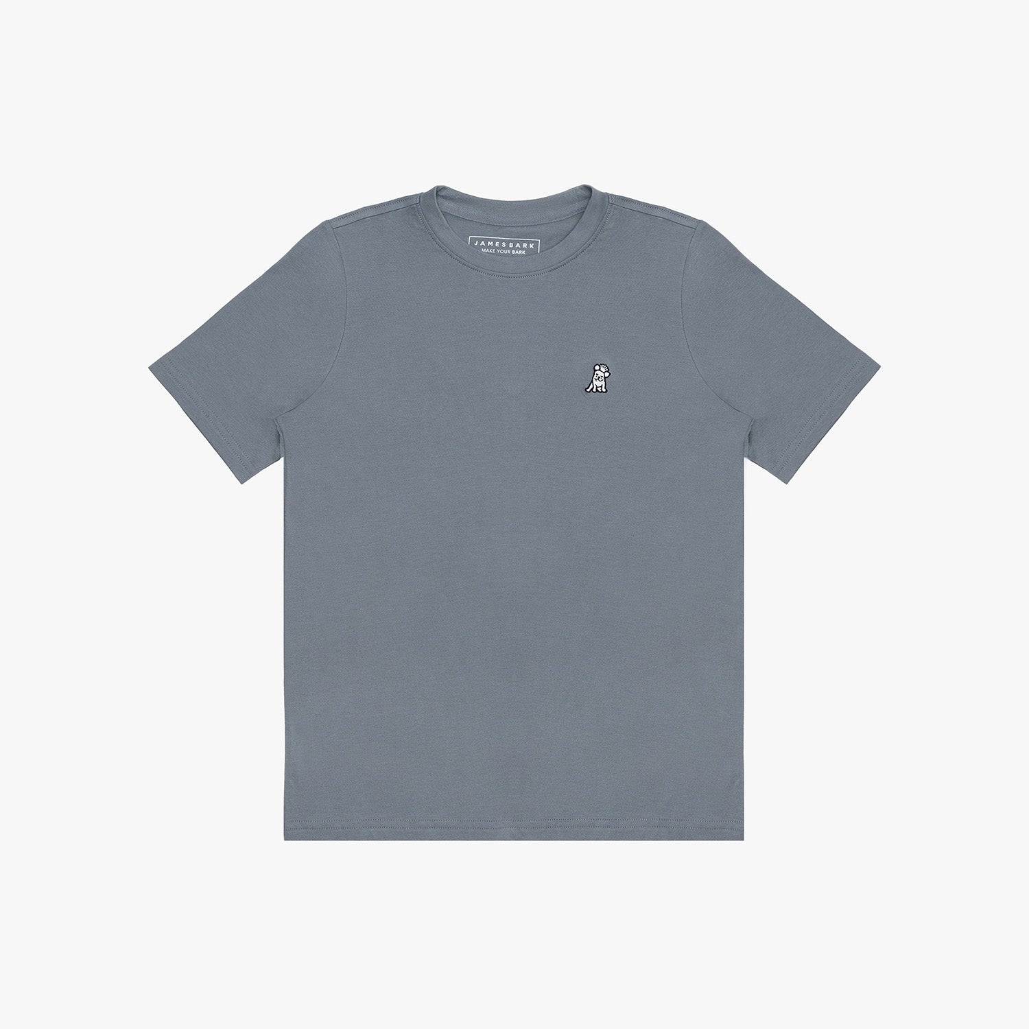 A slate blue-gray short-sleeve crewneck t-shirt with a small white embroidered dog logo on the left chest, displayed flat
