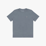 A slate blue-gray short-sleeve crewneck t-shirt with a small white embroidered dog logo on the left chest, displayed flat