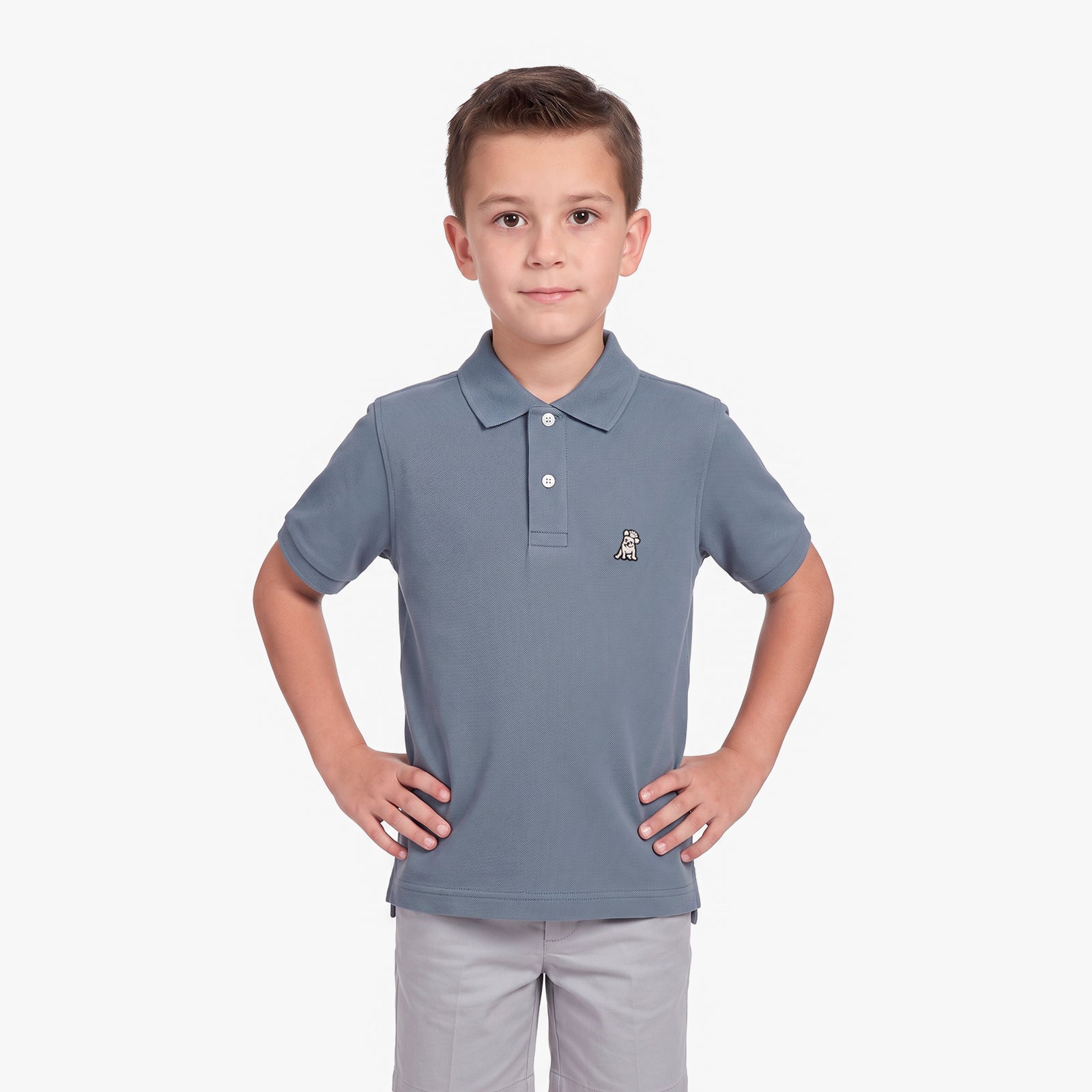 A young boy modeling a slate blue polo shirt with a small embroidered dog logo on the chest